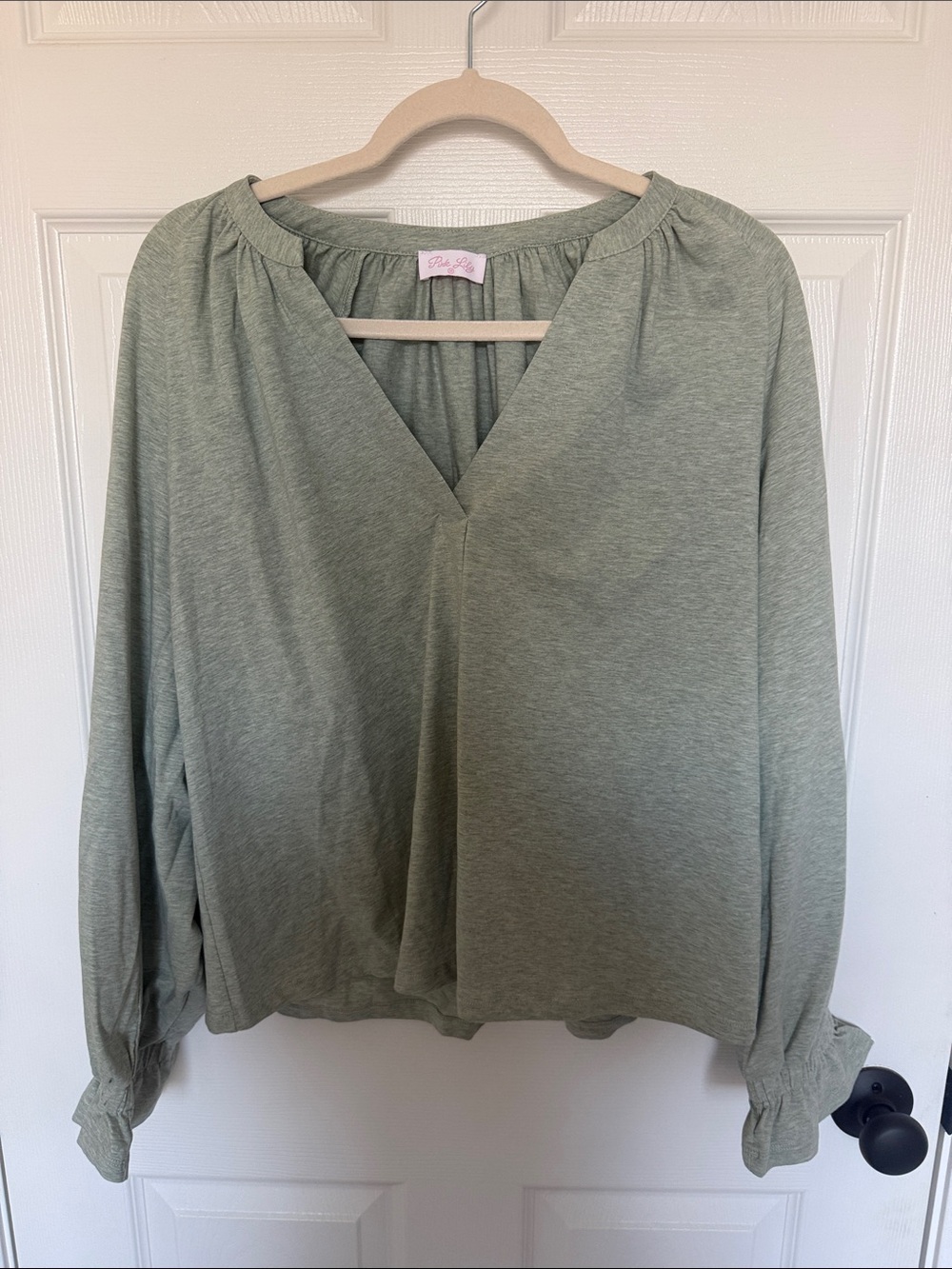 Pink Lily Simply You Sage Knit Notched Neck Long Sleeve Blouse - M
